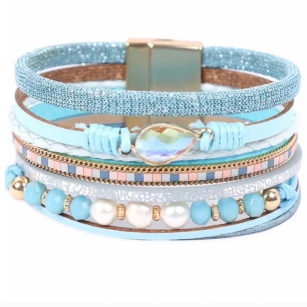 NWT Pastel Blue Layered Faux Leather Magnetic Bracelet!
